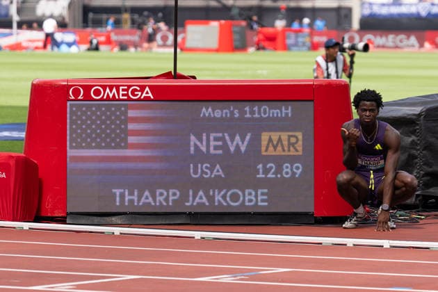 July 18, 2026, London, United Kingdom: Ja Kobe Tharp of the United States poses in front of the scoreboard after winning the men s 110m hurdles in a meeting record of 12.89 during the Novuna London Athletics Meet at London Stadium. London United Kingdom - ZUMAh209 20260718_zsp_h209_027 Copyright: xAlixHabibx