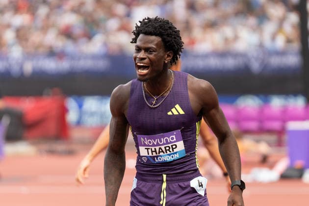 July 18, 2026, London, United Kingdom: Ja Kobe Tharp of the United States celebrates after winning the men s 110m hurdles in a meeting record of 12.89 during the Novuna London Athletics Meet at London Stadium. London United Kingdom - ZUMAh209 20260718_zsp_h209_029 Copyright: xAlixHabibx