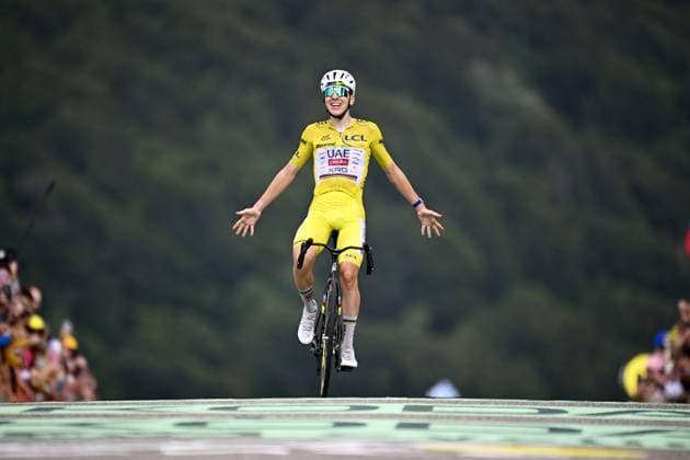 Slovenian Tadej Pogacar of UAE Team Emirates XRG celebrates after winning stage 14 of the 2026 Tour de France cycling race, a stage of 155km from Mulhouse to Le Markstein Fellering, on Saturday 18 July 2026. The 113th edition of the Tour de France starts on Saturday 4 July in Barcelona, Spain, and will finish in Paris, France on the 26th of July. JASPERxJACOBS  x181424575x
