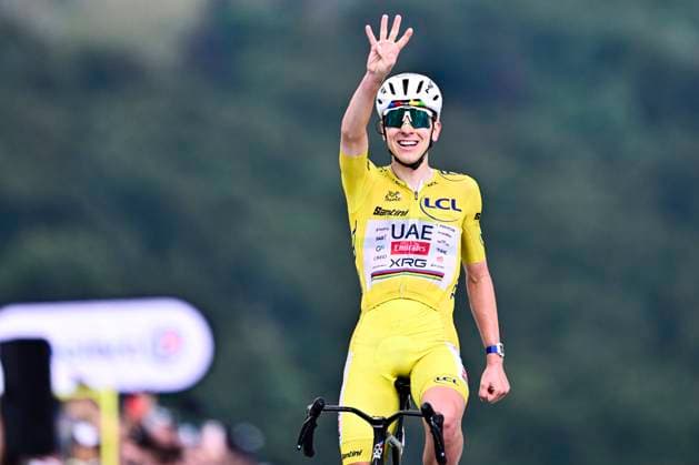 Tour de France 2026 Stage 14 LE MARKSTEIN, FRANCE - JULY 18 : Pogacar Tadej (SLO) of UAE Team Emirates XRG celebrating his victory during stage 14 of the 113rd edition of Tour de France an UCI World Tour 2.UWT cycling road race stage for Men Elite of 155 km with start in Mulhouse and finish in Le Markstein on July 18, 2026 in Le Markstein, France, 18 07 2026 ( Motordriver Kurt Vandenborre - Le Markstein France  Copyright: xPeterxDexVoechtx