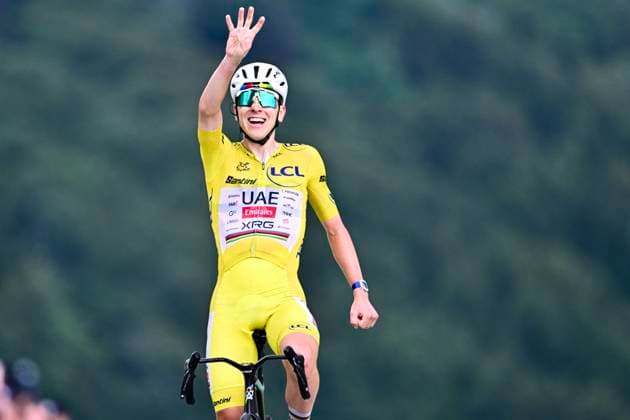 Tour de France 2026 Stage 14 LE MARKSTEIN, FRANCE - JULY 18 : Pogacar Tadej (SLO) of UAE Team Emirates XRG celebrating his victory during stage 14 of the 113rd edition of Tour de France an UCI World Tour 2.UWT cycling road race stage for Men Elite of 155 km with start in Mulhouse and finish in Le Markstein on July 18, 2026 in Le Markstein, France, 18 07 2026 ( Motordriver Kurt Vandenborre - Le Markstein France  Copyright: xPeterxDexVoechtx
