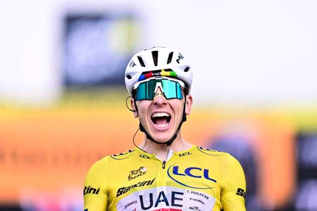 Tour de France 2026 Stage 14 LE MARKSTEIN, FRANCE - JULY 18 : Pogacar Tadej (SLO) of UAE Team Emirates XRG celebrating his victory during stage 14 of the 113rd edition of Tour de France an UCI World Tour 2.UWT cycling road race stage for Men Elite of 155 km with start in Mulhouse and finish in Le Markstein on July 18, 2026 in Le Markstein, France, 18 07 2026 ( Motordriver Kurt Vandenborre - Le Markstein France  Copyright: xPeterxDexVoechtx