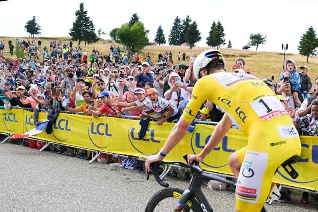 Slovenian Tadej Pogacar of UAE Team Emirates-XRG pictured with fans after winning stage 14 of the 2026 Tour de France cycling race, a stage of 155km from Mulhouse to Le Markstein Fellering, on Saturday 18 July 2026. The 113th edition of the Tour de France starts on Saturday 4 July in Barcelona, Spain, and will finish in Paris, France on the 26th of July. DAVIDxPINTENS  x181424643x