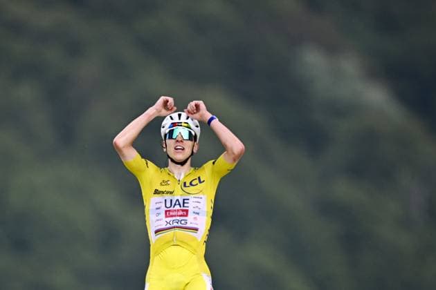 Slovenian Tadej Pogacar of UAE Team Emirates XRG celebrates after winning stage 14 of the 2026 Tour de France cycling race, a stage of 155km from Mulhouse to Le Markstein Fellering, on Saturday 18 July 2026. The 113th edition of the Tour de France starts on Saturday 4 July in Barcelona, Spain, and will finish in Paris, France on the 26th of July. JASPERxJACOBS  x181424744x