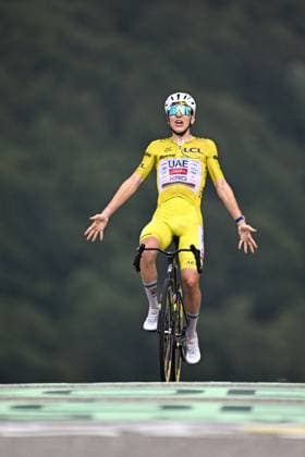 Slovenian Tadej Pogacar of UAE Team Emirates XRG celebrates after winning stage 14 of the 2026 Tour de France cycling race, a stage of 155km from Mulhouse to Le Markstein Fellering, on Saturday 18 July 2026. The 113th edition of the Tour de France starts on Saturday 4 July in Barcelona, Spain, and will finish in Paris, France on the 26th of July. JASPERxJACOBS  x181424745x