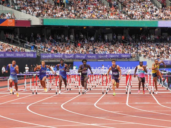 Ja™Kobe Tharp leads out the field in the 110 m hurdles to win during the Diamond League Athletics at the London Stadium, Queen Elizabeth Olympic Park , London, England on 18 July 2026. Copyright: xPhilxHutchinsonx 45280052