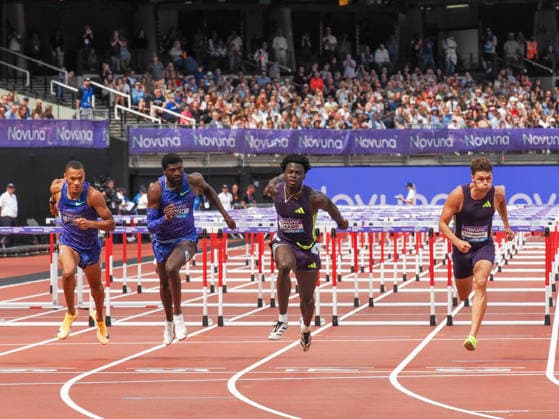 Ja™Kobe Tharp crosses the line in the 110 m hurdles to win during the Diamond League Athletics at the London Stadium, Queen Elizabeth Olympic Park , London, England on 18 July 2026. Copyright: xPhilxHutchinsonx 45280053