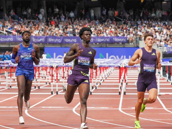 Ja™Kobe Tharp crosses the line in the 110 m hurdles to win during the Diamond League Athletics at the London Stadium, Queen Elizabeth Olympic Park , London, England on 18 July 2026. Copyright: xPhilxHutchinsonx 45280054