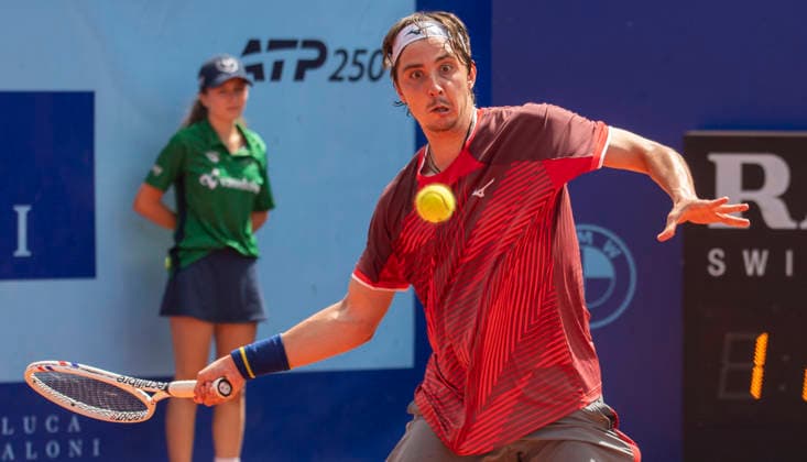 July 18, 2026, Gstaad, Bern, Switzerland: Gstaad Switzerland, 07 18 2026: ALEKSANDR SHEVCHENKO of Kazakhstan is in action during semi-finals of EFG Swiss Open Gstaad ATP, Tennis Herren 250,Tennis Herren 250, which is known as the Swiss Gstaad Open and took place at Roy Emerson Arena in Gstaad, which is located in the famous ski resort of Gstaad and which is located in the Bernese Oberland..STEFANOS TSITSIPAS won 6-4; 3-6; 6-3. Gstaad Switzerland - ZUMAd206 20260718_zip_d206_052 Copyright: xEricxDubostx