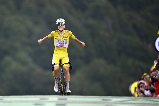 Slovenian Tadej Pogacar of UAE Team Emirates XRG celebrates after winning stage 14 of the 2026 Tour de France cycling race, a stage of 155km from Mulhouse to Le Markstein Fellering, on Saturday 18 July 2026. The 113th edition of the Tour de France starts on Saturday 4 July in Barcelona, Spain, and will finish in Paris, France on the 26th of July. JASPERxJACOBS  x181424933x