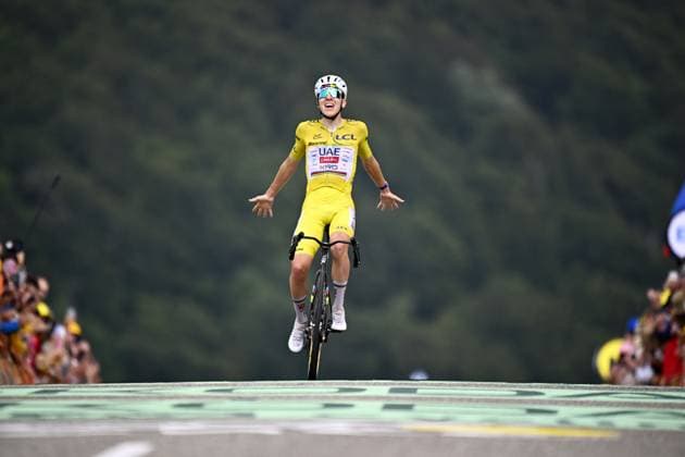 Slovenian Tadej Pogacar of UAE Team Emirates XRG celebrates after winning stage 14 of the 2026 Tour de France cycling race, a stage of 155km from Mulhouse to Le Markstein Fellering, on Saturday 18 July 2026. The 113th edition of the Tour de France starts on Saturday 4 July in Barcelona, Spain, and will finish in Paris, France on the 26th of July. JASPERxJACOBS  x181424956x