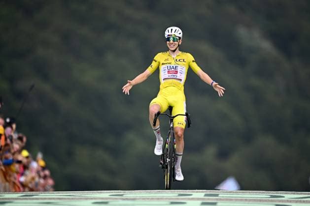Slovenian Tadej Pogacar of UAE Team Emirates XRG celebrates after winning stage 14 of the 2026 Tour de France cycling race, a stage of 155km from Mulhouse to Le Markstein Fellering, on Saturday 18 July 2026. The 113th edition of the Tour de France starts on Saturday 4 July in Barcelona, Spain, and will finish in Paris, France on the 26th of July. JASPERxJACOBS  x181424969x