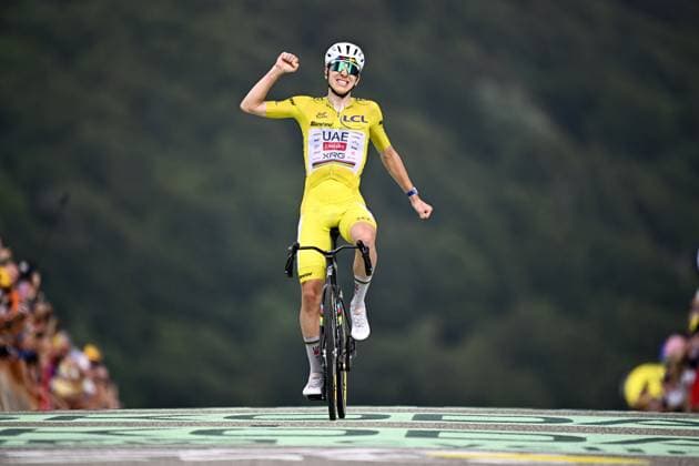 Slovenian Tadej Pogacar of UAE Team Emirates XRG celebrates after winning stage 14 of the 2026 Tour de France cycling race, a stage of 155km from Mulhouse to Le Markstein Fellering, on Saturday 18 July 2026. The 113th edition of the Tour de France starts on Saturday 4 July in Barcelona, Spain, and will finish in Paris, France on the 26th of July. JASPERxJACOBS  x181424995x