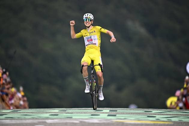 Slovenian Tadej Pogacar of UAE Team Emirates XRG celebrates after winning stage 14 of the 2026 Tour de France cycling race, a stage of 155km from Mulhouse to Le Markstein Fellering, on Saturday 18 July 2026. The 113th edition of the Tour de France starts on Saturday 4 July in Barcelona, Spain, and will finish in Paris, France on the 26th of July. JASPERxJACOBS  x181425001x