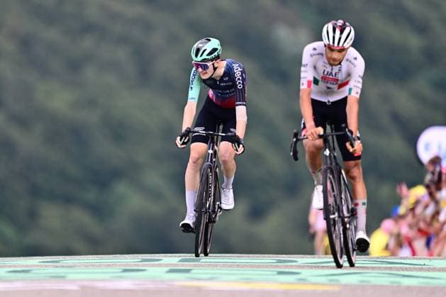 Tour de France 2026 Stage 14 LE MARKSTEIN, FRANCE - JULY 18 : Seixas Paul (FRA) of Decathlon CMA CGM Team at the finish line during stage 14 of the 113rd edition of Tour de France an UCI World Tour 2.UWT cycling road race stage for Men Elite of 155 km with start in Mulhouse and finish in Le Markstein on July 18, 2026 in Le Markstein, France, 18 07 2026 ( Motordriver Kurt Vandenborre - Le Markstein France  Copyright: xPeterxDexVoechtx