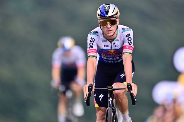 Tour de France 2026 Stage 14 LE MARKSTEIN, FRANCE - JULY 18 : Evenepoel Remco (BEL) of Red Bull BORA Hansgrohe at the finish line during stage 14 of the 113rd edition of Tour de France an UCI World Tour 2.UWT cycling road race stage for Men Elite of 155 km with start in Mulhouse and finish in Le Markstein on July 18, 2026 in Le Markstein, France, 18 07 2026 ( Motordriver Kurt Vandenborre - Le Markstein France  Copyright: xPeterxDexVoechtx