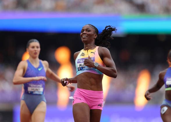 RECORD DATE NOT STATED 18th July 2026; London Stadium, London, England; 2026 Diamond League Novuna London Athletics Meet; Julien Alfred of Saint Lucia crossing the finishing line to win the Women& x2019;s 400m race beating Amy Hunt of Great Britain who finished a disappointed 5th place JohnxPatrickxFletcher