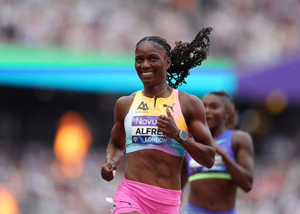 RECORD DATE NOT STATED 18th July 2026; London Stadium, London, England; 2026 Diamond League Novuna London Athletics Meet; Julien Alfred of Saint Lucia crossing the finishing line to win the Women& x2019;s 400m race beating Amy Hunt of Great Britain who finished a disappointed 5th place JohnxPatrickxFletcher