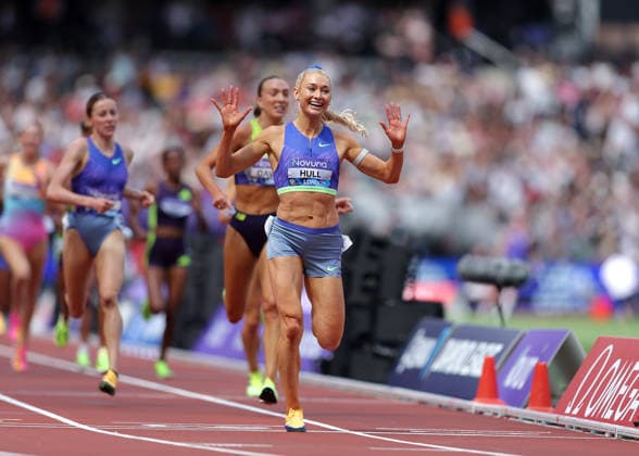 RECORD DATE NOT STATED 18th July 2026; London Stadium, London, England; 2026 Diamond League Novuna London Athletics Meet; Jessica Hull of Australia celebrates finishing 1st in the women& x2019;s 3000m race JohnxPatrickxFletcher
