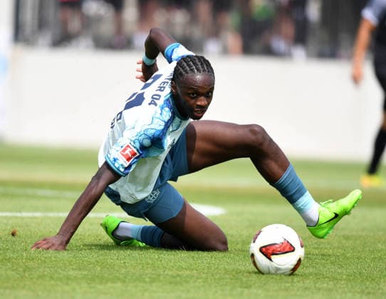 18.07.2026, xophax, Fussball 1.Bundesliga, Bayer 04 Leverkusen. Testspiel : SF Baumberg gegen Bayer 04 Leverkusen . Noah Mbamba ( Bayer 04 ) Monheim *** July 18, 2026, xophax, Soccer, Bundesliga 1, Bayer 04 Leverkusen Friendly Match: SF Baumberg vs. Bayer 04 Leverkusen, Noah Mbamba, Bayer 04 Monheim
