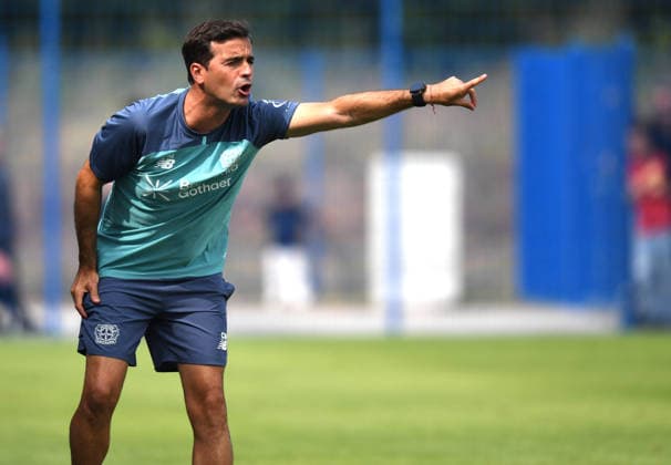 18.07.2026, xophax, Fussball 1.Bundesliga, Bayer 04 Leverkusen. Testspiel : SF Baumberg gegen Bayer 04 Leverkusen . Trainer Carles Martinez Novell ( Bayer 04 ) Monheim *** July 18, 2026, xophax, Soccer, Bundesliga 1, Bayer 04 Leverkusen Friendly Match: SF Baumberg vs. Bayer 04 Leverkusen Coach Carles Martinez Novell, Bayer 04 Monheim