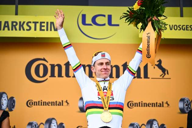Tour de France 2026 Stage 14 LE MARKSTEIN, FRANCE - JULY 18 : Pogacar Tadej (SLO) of UAE Team Emirates XRG on the podium during stage 14 of the 113rd edition of Tour de France an UCI World Tour 2.UWT cycling road race stage for Men Elite of 155 km with start in Mulhouse and finish in Le Markstein on July 18, 2026 in Le Markstein, France, 18 07 2026 ( Motordriver Kurt Vandenborre - Le Markstein France  Copyright: xGvgx
