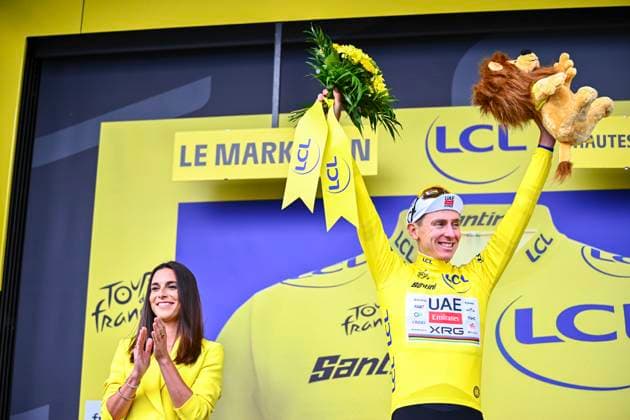 Tour de France 2026 Stage 14 LE MARKSTEIN, FRANCE - JULY 18 : Pogacar Tadej (SLO) of UAE Team Emirates XRG on the podium during stage 14 of the 113rd edition of Tour de France an UCI World Tour 2.UWT cycling road race stage for Men Elite of 155 km with start in Mulhouse and finish in Le Markstein on July 18, 2026 in Le Markstein, France, 18 07 2026 ( Motordriver Kurt Vandenborre - Le Markstein France  Copyright: xGvgx