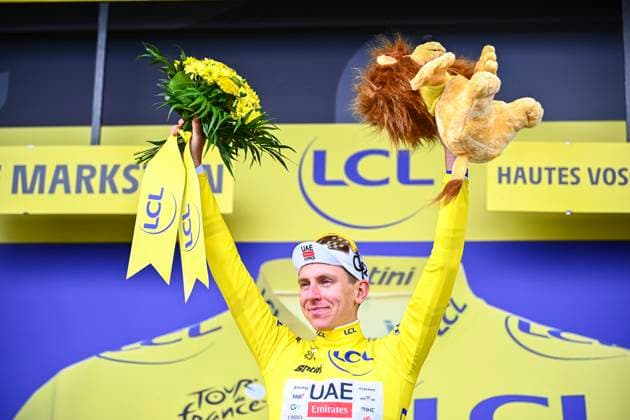 Tour de France 2026 Stage 14 LE MARKSTEIN, FRANCE - JULY 18 : Pogacar Tadej (SLO) of UAE Team Emirates XRG on the podium during stage 14 of the 113rd edition of Tour de France an UCI World Tour 2.UWT cycling road race stage for Men Elite of 155 km with start in Mulhouse and finish in Le Markstein on July 18, 2026 in Le Markstein, France, 18 07 2026 ( Motordriver Kurt Vandenborre - Le Markstein France  Copyright: xGvgx