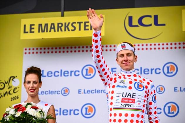 Tour de France 2026 Stage 14 LE MARKSTEIN, FRANCE - JULY 18 : Pogacar Tadej (SLO) of UAE Team Emirates XRG on the podium during stage 14 of the 113rd edition of Tour de France an UCI World Tour 2.UWT cycling road race stage for Men Elite of 155 km with start in Mulhouse and finish in Le Markstein on July 18, 2026 in Le Markstein, France, 18 07 2026 ( Motordriver Kurt Vandenborre - Le Markstein France  Copyright: xGvgx