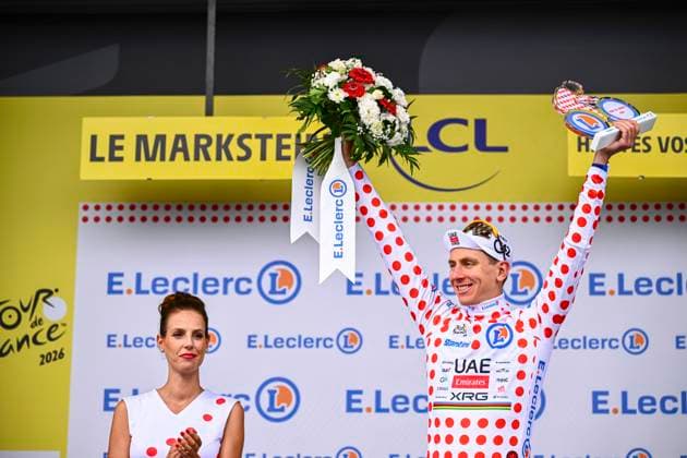 Tour de France 2026 Stage 14 LE MARKSTEIN, FRANCE - JULY 18 : Pogacar Tadej (SLO) of UAE Team Emirates XRG on the podium during stage 14 of the 113rd edition of Tour de France an UCI World Tour 2.UWT cycling road race stage for Men Elite of 155 km with start in Mulhouse and finish in Le Markstein on July 18, 2026 in Le Markstein, France, 18 07 2026 ( Motordriver Kurt Vandenborre - Le Markstein France  Copyright: xGvgx