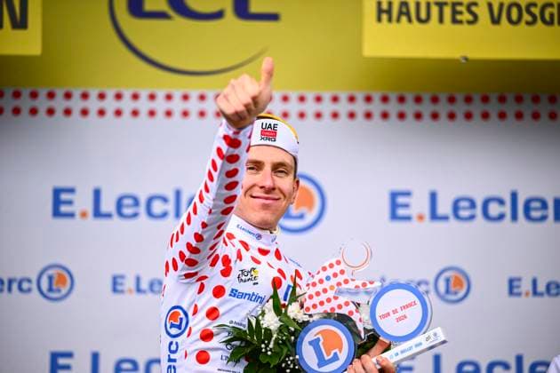 Tour de France 2026 Stage 14 LE MARKSTEIN, FRANCE - JULY 18 : Pogacar Tadej (SLO) of UAE Team Emirates XRG on the podium during stage 14 of the 113rd edition of Tour de France an UCI World Tour 2.UWT cycling road race stage for Men Elite of 155 km with start in Mulhouse and finish in Le Markstein on July 18, 2026 in Le Markstein, France, 18 07 2026 ( Motordriver Kurt Vandenborre - Le Markstein France  Copyright: xGvgx