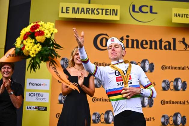 Tour de France 2026 Stage 14 LE MARKSTEIN, FRANCE - JULY 18 : Pogacar Tadej (SLO) of UAE Team Emirates XRG on the podium during stage 14 of the 113rd edition of Tour de France an UCI World Tour 2.UWT cycling road race stage for Men Elite of 155 km with start in Mulhouse and finish in Le Markstein on July 18, 2026 in Le Markstein, France, 18 07 2026 ( Motordriver Kurt Vandenborre - Le Markstein France  Copyright: xGvgx