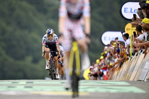 Belgian Remco Evenepoel of Red Bull-BORA-hansgrohe crosses the finish line of stage 14 of the 2026 Tour de France cycling race, a stage of 155km from Mulhouse to Le Markstein Fellering, on Saturday 18 July 2026. The 113th edition of the Tour de France starts on Saturday 4 July in Barcelona, Spain, and will finish in Paris, France on the 26th of July. JASPERxJACOBS  x181425965x