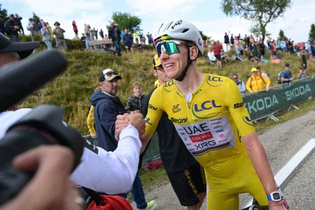 Slovenian Tadej Pogacar of UAE Team Emirates XRG celebrates after winning stage 14 of the 2026 Tour de France cycling race, a stage of 155km from Mulhouse to Le Markstein Fellering, on Saturday 18 July 2026. The 113th edition of the Tour de France starts on Saturday 4 July in Barcelona, Spain, and will finish in Paris, France on the 26th of July. DAVIDxPINTENS  x181426154x