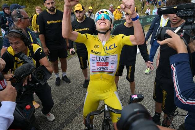Slovenian Tadej Pogacar of UAE Team Emirates XRG celebrates after winning stage 14 of the 2026 Tour de France cycling race, a stage of 155km from Mulhouse to Le Markstein Fellering, on Saturday 18 July 2026. The 113th edition of the Tour de France starts on Saturday 4 July in Barcelona, Spain, and will finish in Paris, France on the 26th of July. DAVIDxPINTENS  x181426155x