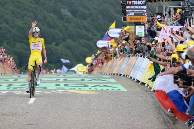 Slovenian Tadej Pogacar of UAE Team Emirates XRG celebrates after winning stage 14 of the 2026 Tour de France cycling race, a stage of 155km from Mulhouse to Le Markstein Fellering, on Saturday 18 July 2026. The 113th edition of the Tour de France starts on Saturday 4 July in Barcelona, Spain, and will finish in Paris, France on the 26th of July. DAVIDxPINTENS  x181426168x