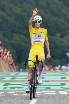 Slovenian Tadej Pogacar of UAE Team Emirates XRG celebrates after winning stage 14 of the 2026 Tour de France cycling race, a stage of 155km from Mulhouse to Le Markstein Fellering, on Saturday 18 July 2026. The 113th edition of the Tour de France starts on Saturday 4 July in Barcelona, Spain, and will finish in Paris, France on the 26th of July. DAVIDxPINTENS  x181426174x