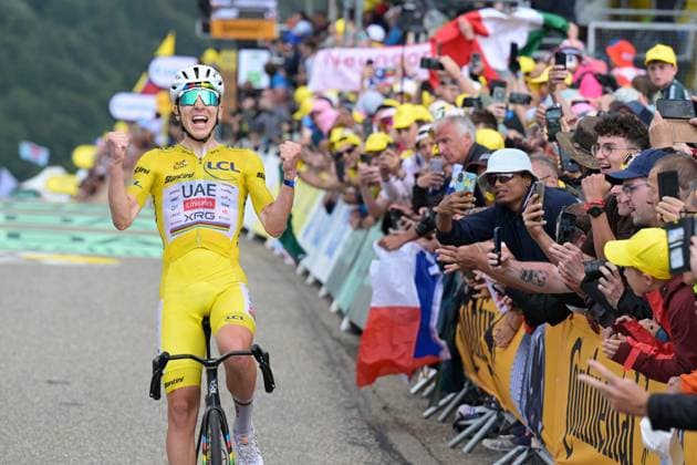 Slovenian Tadej Pogacar of UAE Team Emirates XRG celebrates after winning stage 14 of the 2026 Tour de France cycling race, a stage of 155km from Mulhouse to Le Markstein Fellering, on Saturday 18 July 2026. The 113th edition of the Tour de France starts on Saturday 4 July in Barcelona, Spain, and will finish in Paris, France on the 26th of July. DAVIDxPINTENS  x181426175x