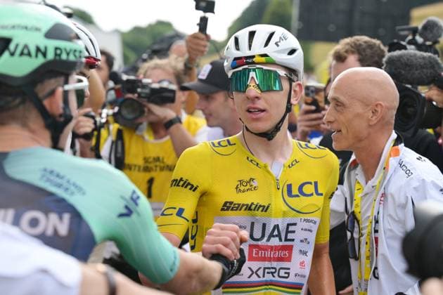 French Paul Seixas of Decathlon CMA CGM Team and Slovenian Tadej Pogacar of UAE Team Emirates XRG are pictured after stage 14 of the 2026 Tour de France cycling race, a stage of 155km from Mulhouse to Le Markstein Fellering, on Saturday 18 July 2026. The 113th edition of the Tour de France starts on Saturday 4 July in Barcelona, Spain, and will finish in Paris, France on the 26th of July. DAVIDxPINTENS  x181426195x