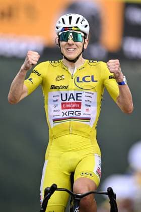 Slovenian Tadej Pogacar of UAE Team Emirates XRG celebrates after winning stage 14 of the 2026 Tour de France cycling race, a stage of 155km from Mulhouse to Le Markstein Fellering, on Saturday 18 July 2026. The 113th edition of the Tour de France starts on Saturday 4 July in Barcelona, Spain, and will finish in Paris, France on the 26th of July. JASPERxJACOBS  x181426295x