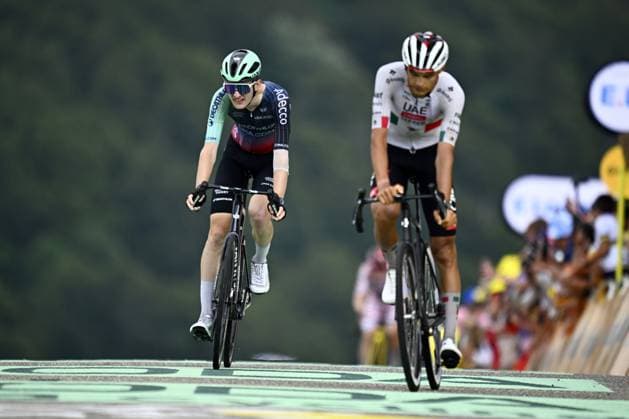 French Paul Seixas of Decathlon CMA CGM Team crosses the finish line of stage 14 of the 2026 Tour de France cycling race, a stage of 155km from Mulhouse to Le Markstein Fellering, on Saturday 18 July 2026. The 113th edition of the Tour de France starts on Saturday 4 July in Barcelona, Spain, and will finish in Paris, France on the 26th of July. JASPERxJACOBS  x181426299x