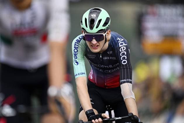French Paul Seixas of Decathlon CMA CGM Team crosses the finish line of stage 14 of the 2026 Tour de France cycling race, a stage of 155km from Mulhouse to Le Markstein Fellering, on Saturday 18 July 2026. The 113th edition of the Tour de France starts on Saturday 4 July in Barcelona, Spain, and will finish in Paris, France on the 26th of July. JASPERxJACOBS  x181426307x