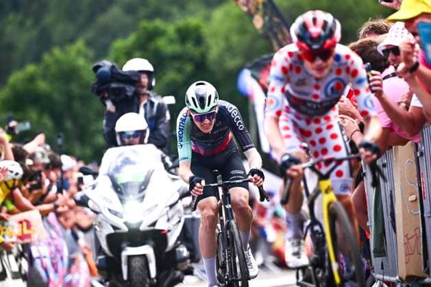 Tour de France 2026 Stage 14 LE MARKSTEIN, FRANCE - JULY 18 : Seixas Paul (FRA) of Decathlon CMA CGM Team in action during stage 14 of the 113rd edition of Tour de France an UCI World Tour 2.UWT cycling road race stage for Men Elite of 155 km with start in Mulhouse and finish in Le Markstein on July 18, 2026 in Le Markstein, France, 18 07 2026 ( Motordriver Kurt Vandenborre - Le Markstein France  Copyright: xGvgx