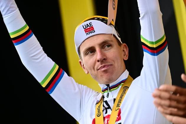 Tour de France 2026 Stage 14 LE MARKSTEIN, FRANCE - JULY 18 : Pogacar Tadej (SLO) of UAE Team Emirates XRG on the podium during stage 14 of the 113rd edition of Tour de France an UCI World Tour 2.UWT cycling road race stage for Men Elite of 155 km with start in Mulhouse and finish in Le Markstein on July 18, 2026 in Le Markstein, France, 18 07 2026 ( Motordriver Kurt Vandenborre - Le Markstein France  Copyright: xPeterxDexVoechtx