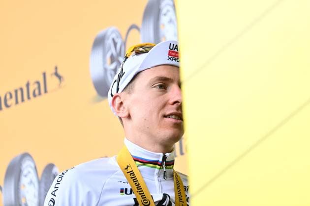 Tour de France 2026 Stage 14 LE MARKSTEIN, FRANCE - JULY 18 : Pogacar Tadej (SLO) of UAE Team Emirates XRG on the podium during stage 14 of the 113rd edition of Tour de France an UCI World Tour 2.UWT cycling road race stage for Men Elite of 155 km with start in Mulhouse and finish in Le Markstein on July 18, 2026 in Le Markstein, France, 18 07 2026 ( Motordriver Kurt Vandenborre - Le Markstein France  Copyright: xPeterxDexVoechtx