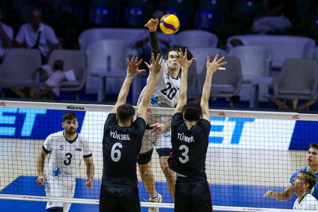 Turkiye v Slovenia - Men s Volleyball Nations League BELGRADE, SERBIA - JULY 18: Mujanovic (20) of Slovenia in action during the Men s Volleyball Nations League match between Turkiye and Slovenia at Beogradska Arena in Belgrade, Serbia on July 18, 2026. Filip Stevanovic Anadolu Belgrade Serbia. Editorial use only. Please get in touch for any other usage.  Copyright: x2026xAnadoluxFilipxStevanovicx