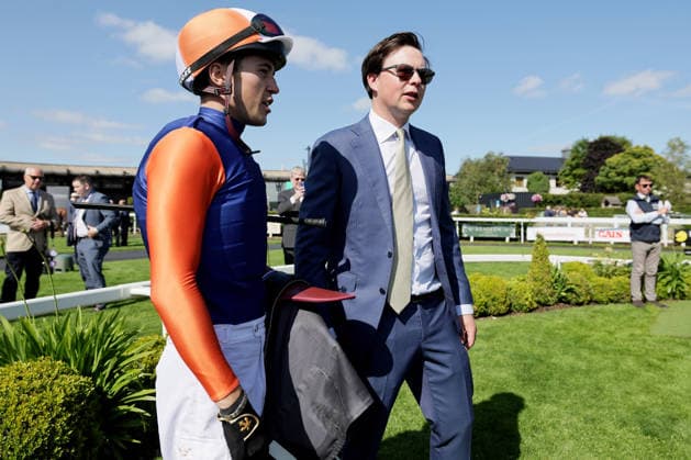 *CAPTION CORRECTION* REPRO FREE *PRESS RELEASE NO REPRODUCTION FEE* EDITORIAL USE ONLY Curragh Racing Juddmonte Irish Oaks Weekend, Curragh Racecourse, Kildare 18 7 2026 Juddmonte Irish Oaks Dylan Browne and trainer Joseph O™Brien after the race Dylan Browne and Joseph O™Brien after the race 18 7 2026  Copyright: xLaszloxGeczox LG_18-07-2026_031163
