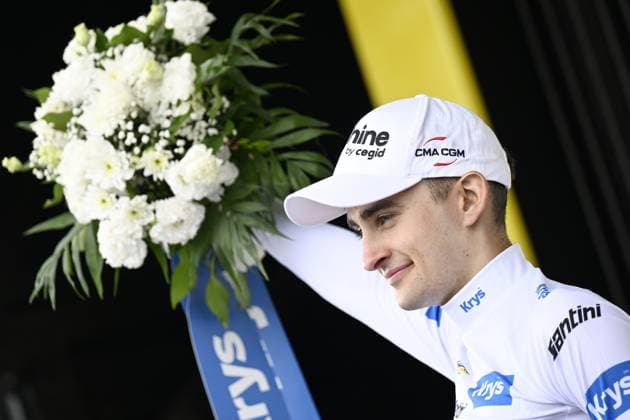 French Paul Seixas of Decathlon CMA CGM Team is pictured on the podium after stage 14 of the 2026 Tour de France cycling race, a stage of 155km from Mulhouse to Le Markstein Fellering, on Saturday 18 July 2026. The 113th edition of the Tour de France starts on Saturday 4 July in Barcelona, Spain, and will finish in Paris, France on the 26th of July. JASPERxJACOBS  x181427631x