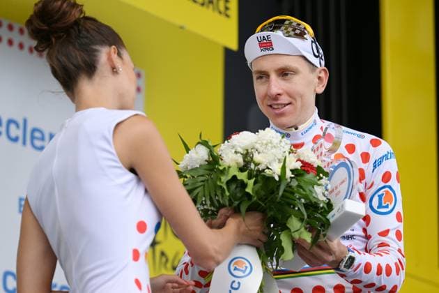 Slovenian Tadej Pogacar of UAE Team Emirates XRG celebrates on the podium after winning stage 14 of the 2026 Tour de France cycling race, a stage of 155km from Mulhouse to Le Markstein Fellering, on Saturday 18 July 2026. The 113th edition of the Tour de France starts on Saturday 4 July in Barcelona, Spain, and will finish in Paris, France on the 26th of July. DAVIDxPINTENS  x181427796x