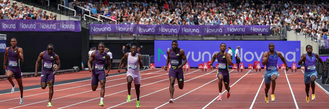 2026 Wanda Diamond League - Novuna London Athletics Meet Oblique Seville of Jamaica (4th left) leads the field during the men s 100m event at the Wanda Diamond League meeting at the London Stadium in Stratford, London, United Kingdom. United Kingdom  Copyright: xMIxNewsx originalFilename:fletcher-wandadua260718_npRYA.jpg
